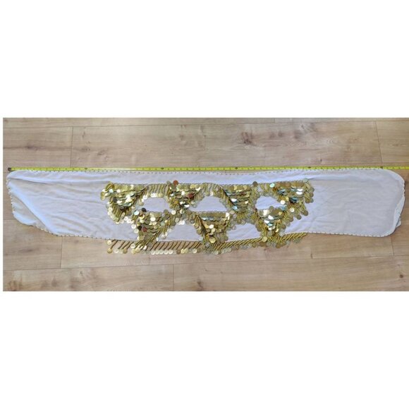 Stunning Gold Coin Belly Dance Hip Scarf Belt White Fringe Costume OS - Picture 3 of 3